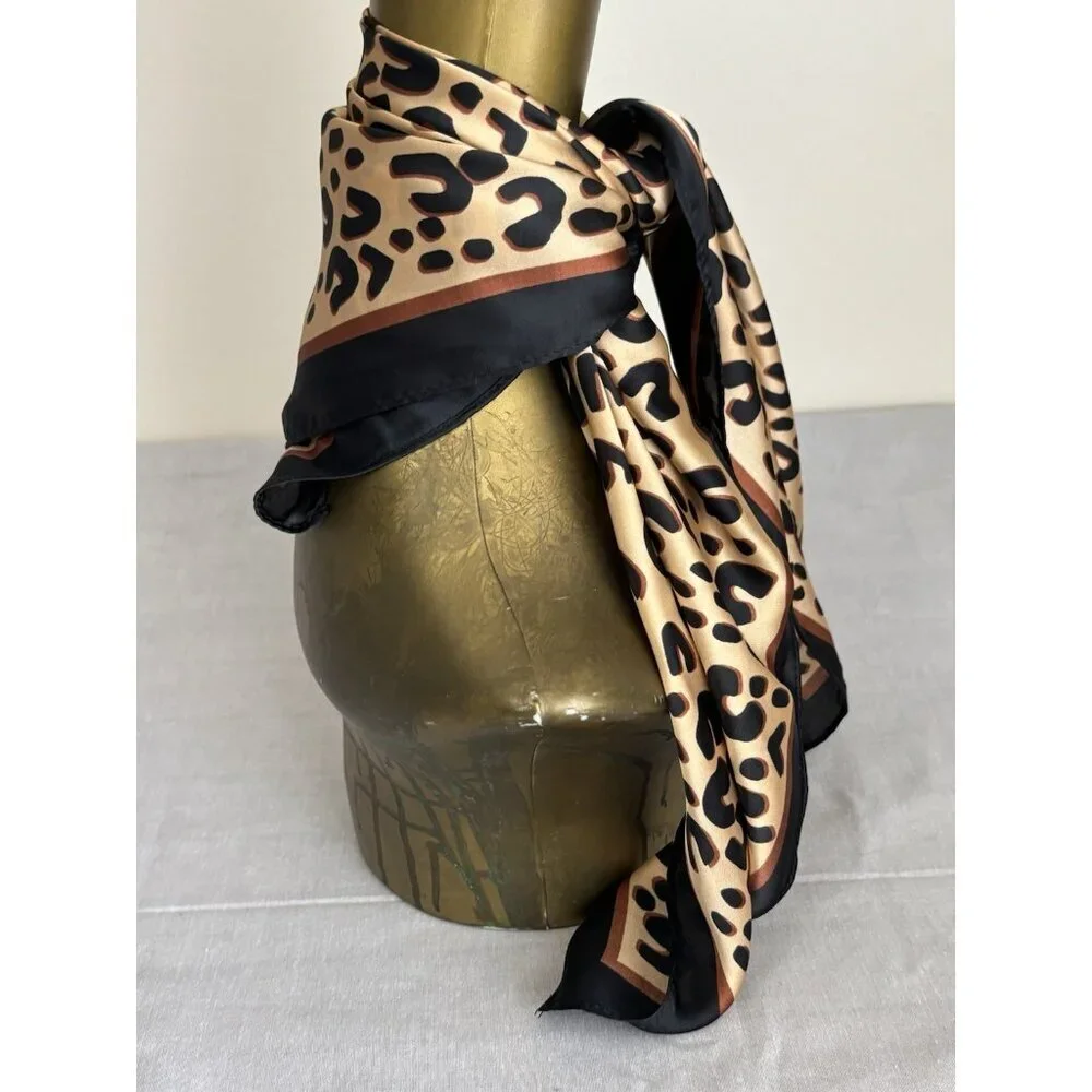 Elegant Leopard Print Design Scarf 26” Square Black & Brown Silky Smooth